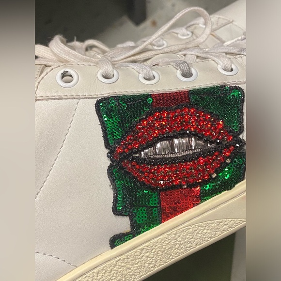 Gucci White Leather Embellished Lip Ace Sneakers - Picture 4 of 16